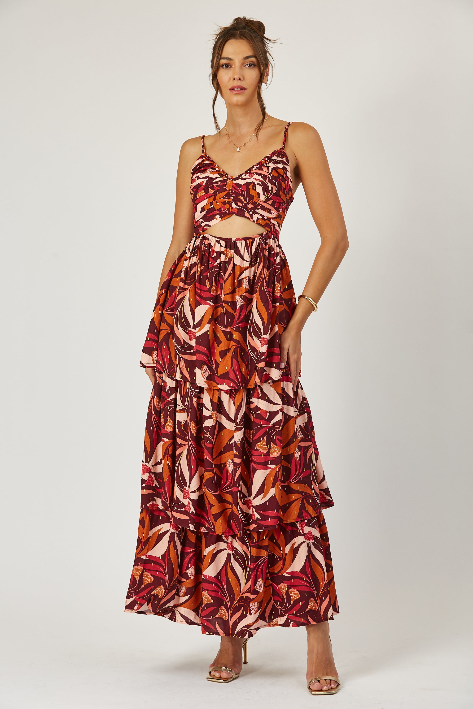 Halle Pleat Red Floral Tiered Maxi Dress XL