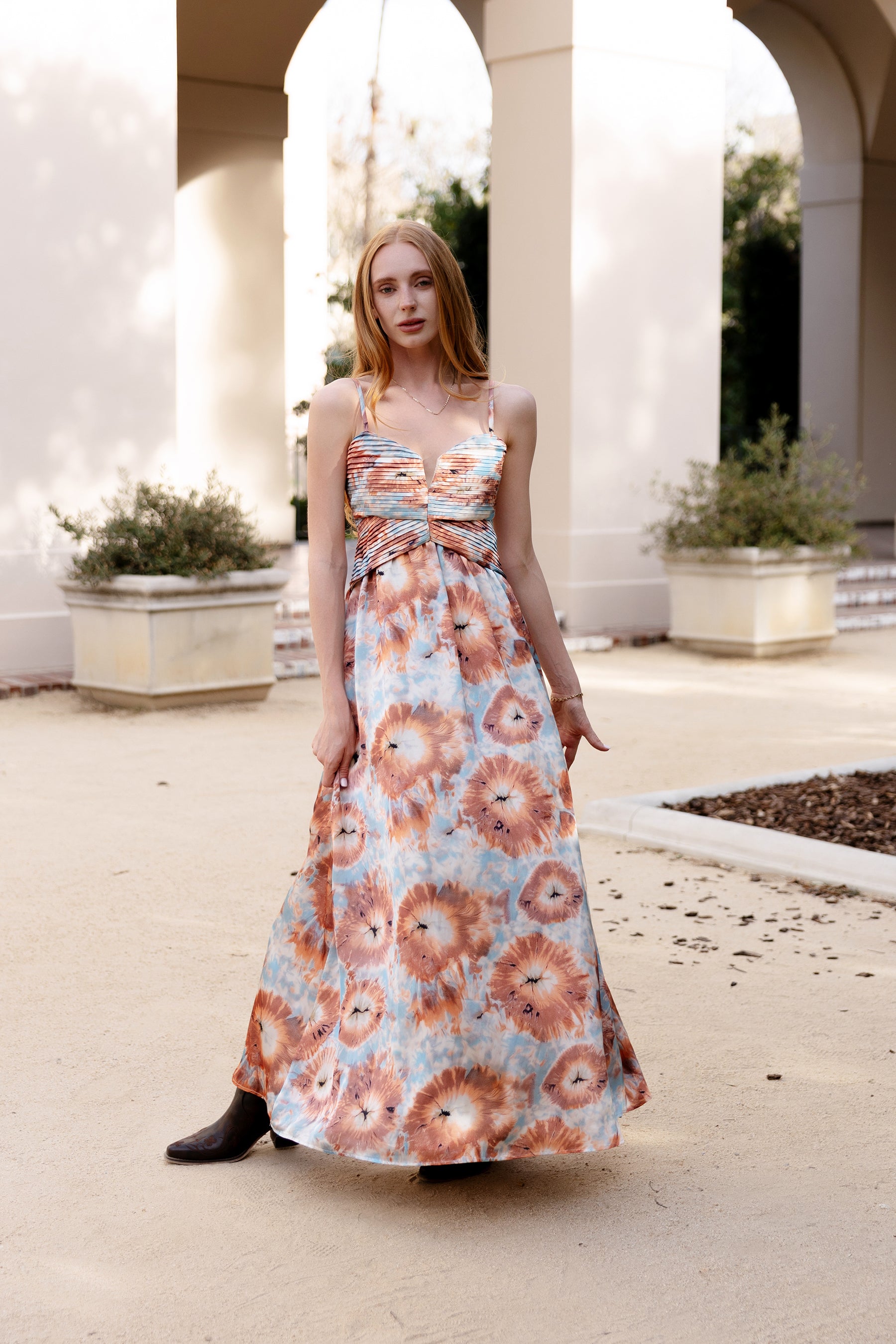 Marina pleated bodice maxi dress