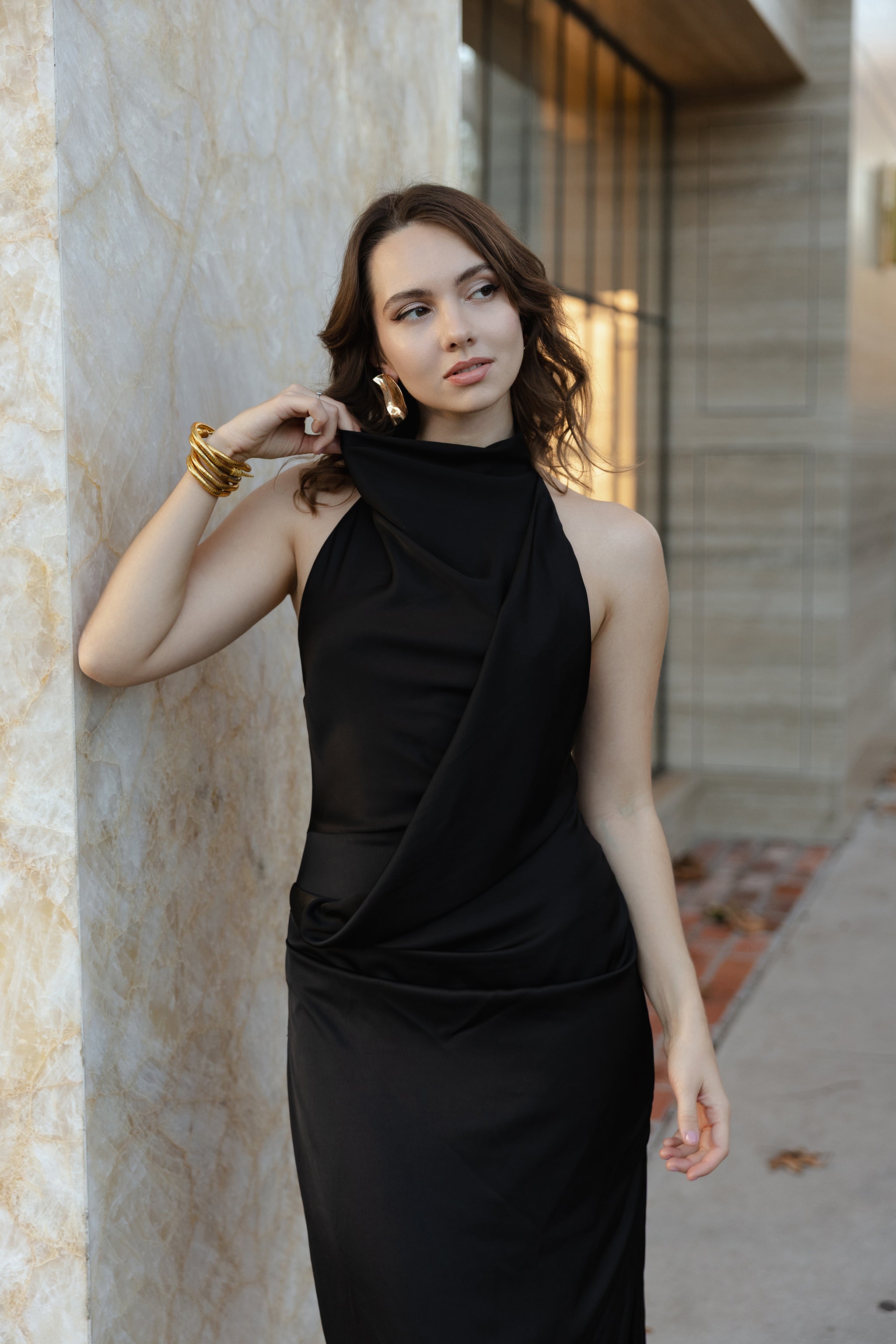 Cora drape halter midi dress