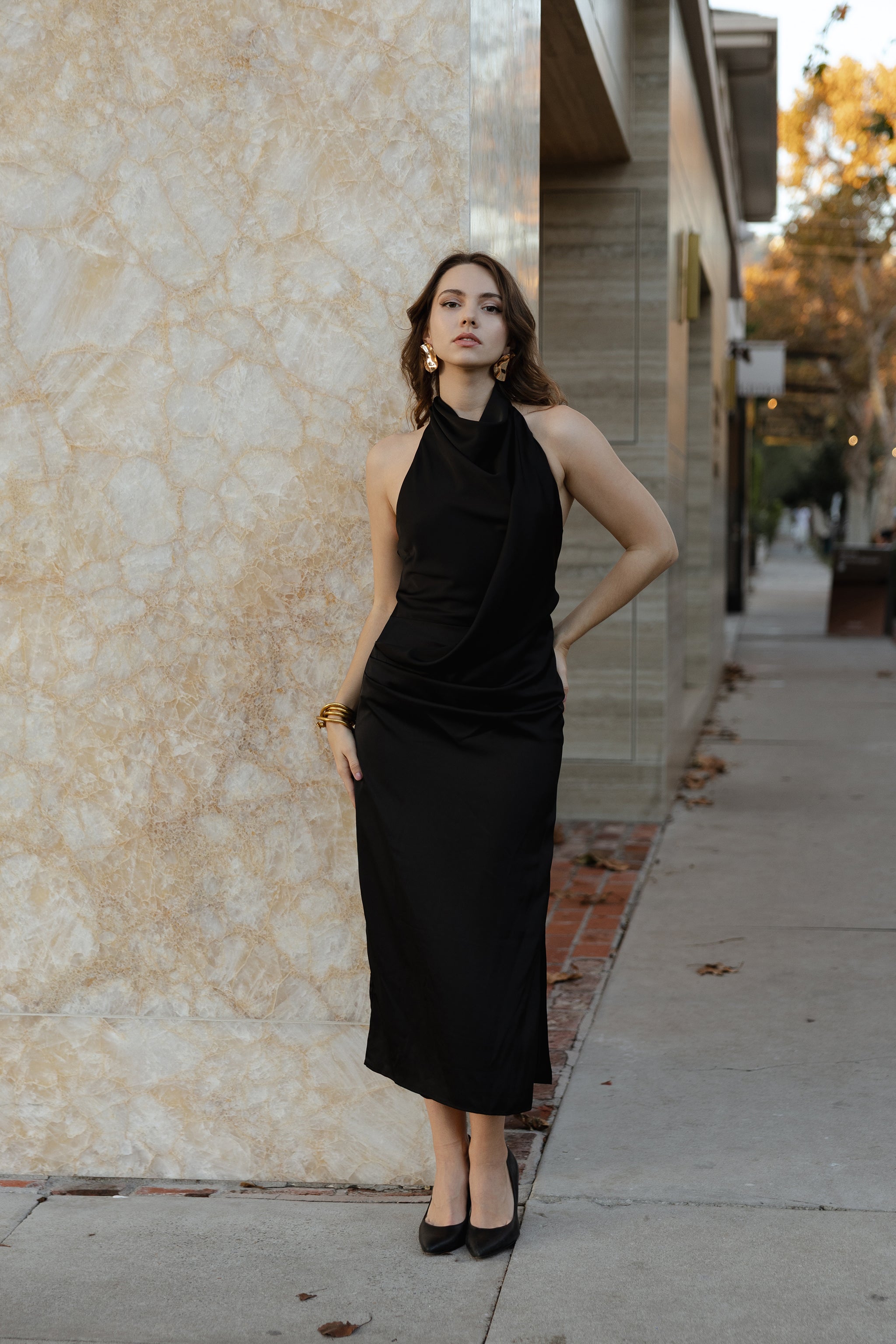 Cora drape halter midi dress