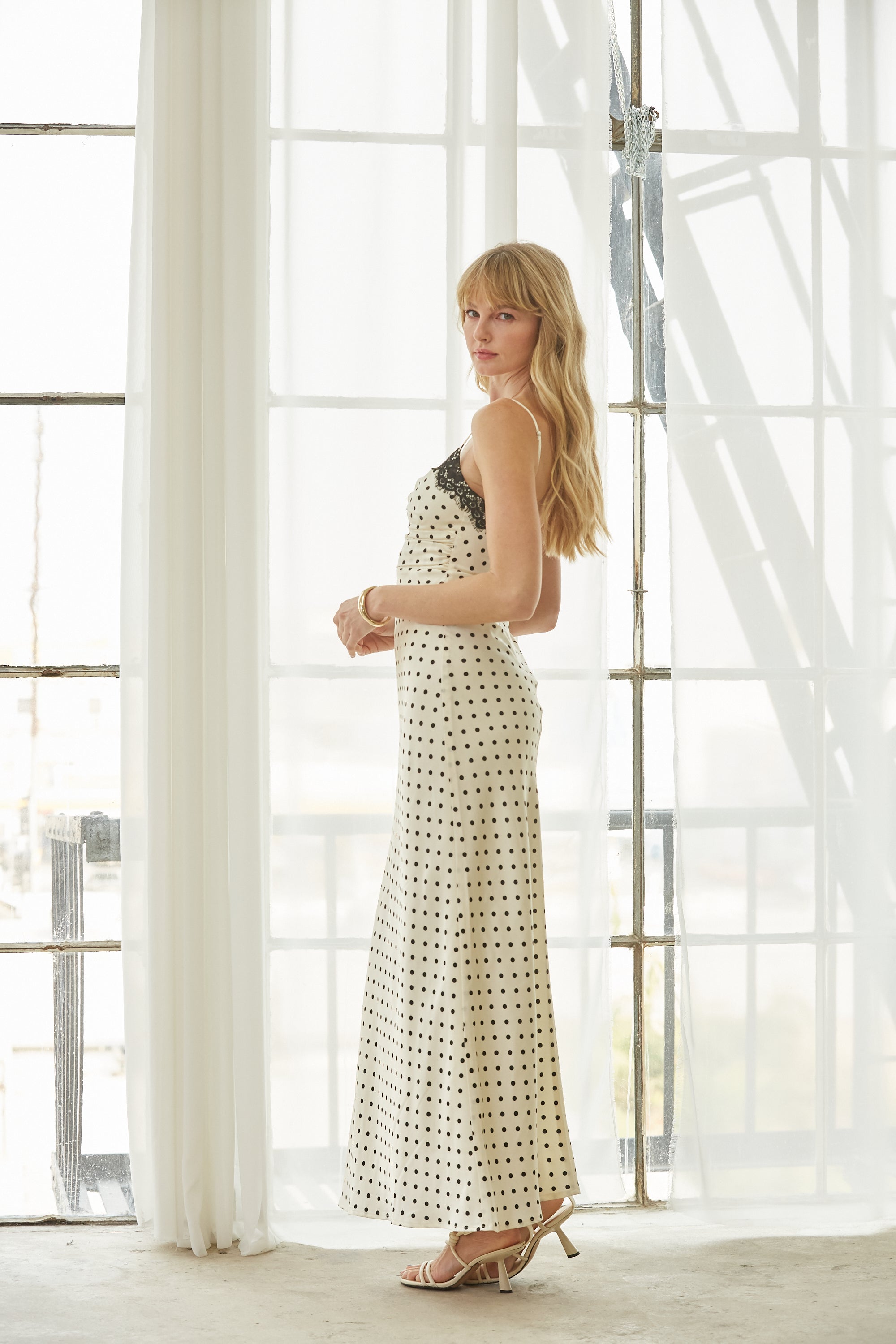 Celine Dot Slip Dress with Lace Trim