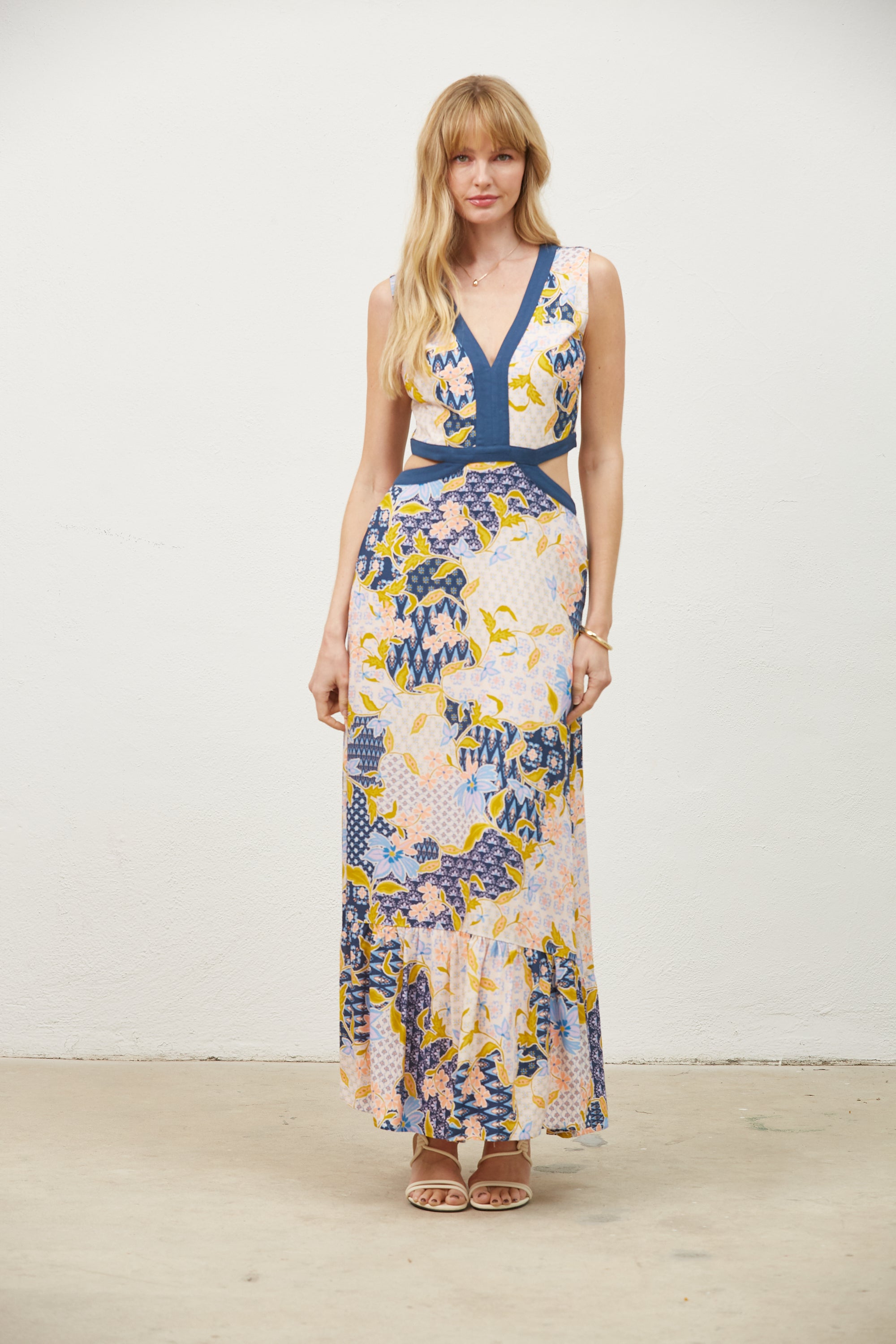 mara maxi dress Mara Cutout Maxi Dress L / Gold blue floral