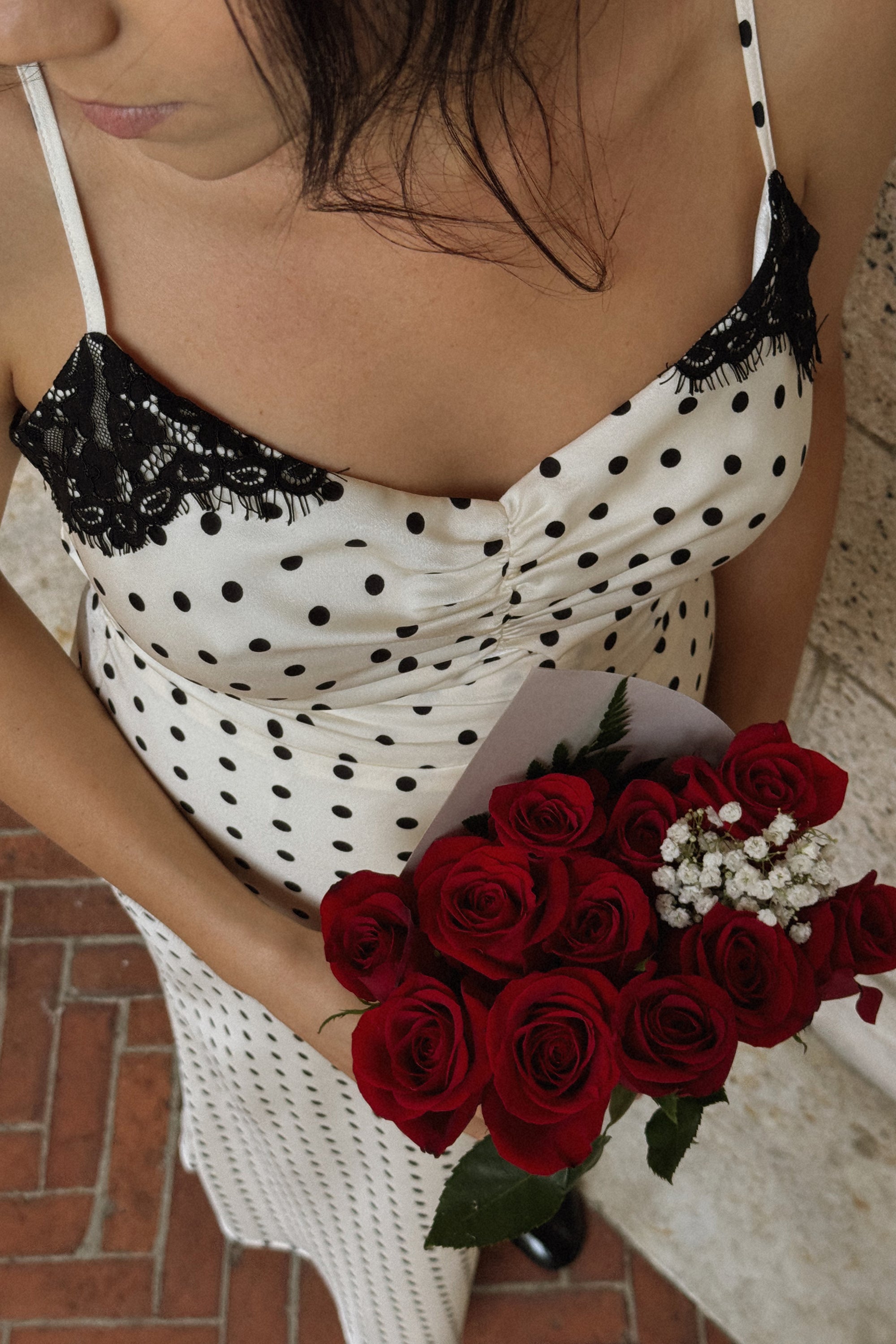 Celine Dot Slip Dress with Lace Trim
