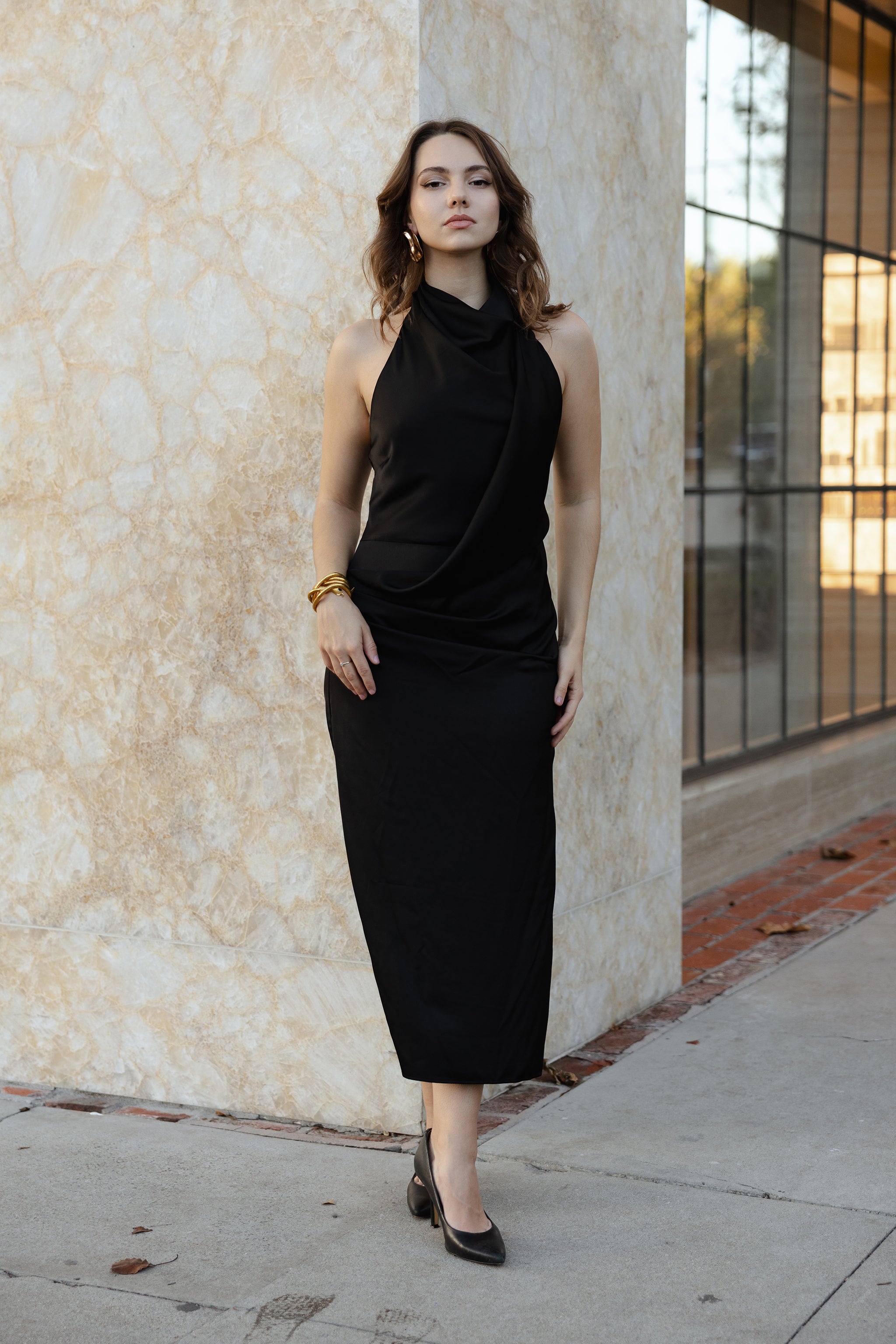 Cora drape halter midi dress