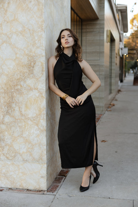 Cora drape halter midi dress