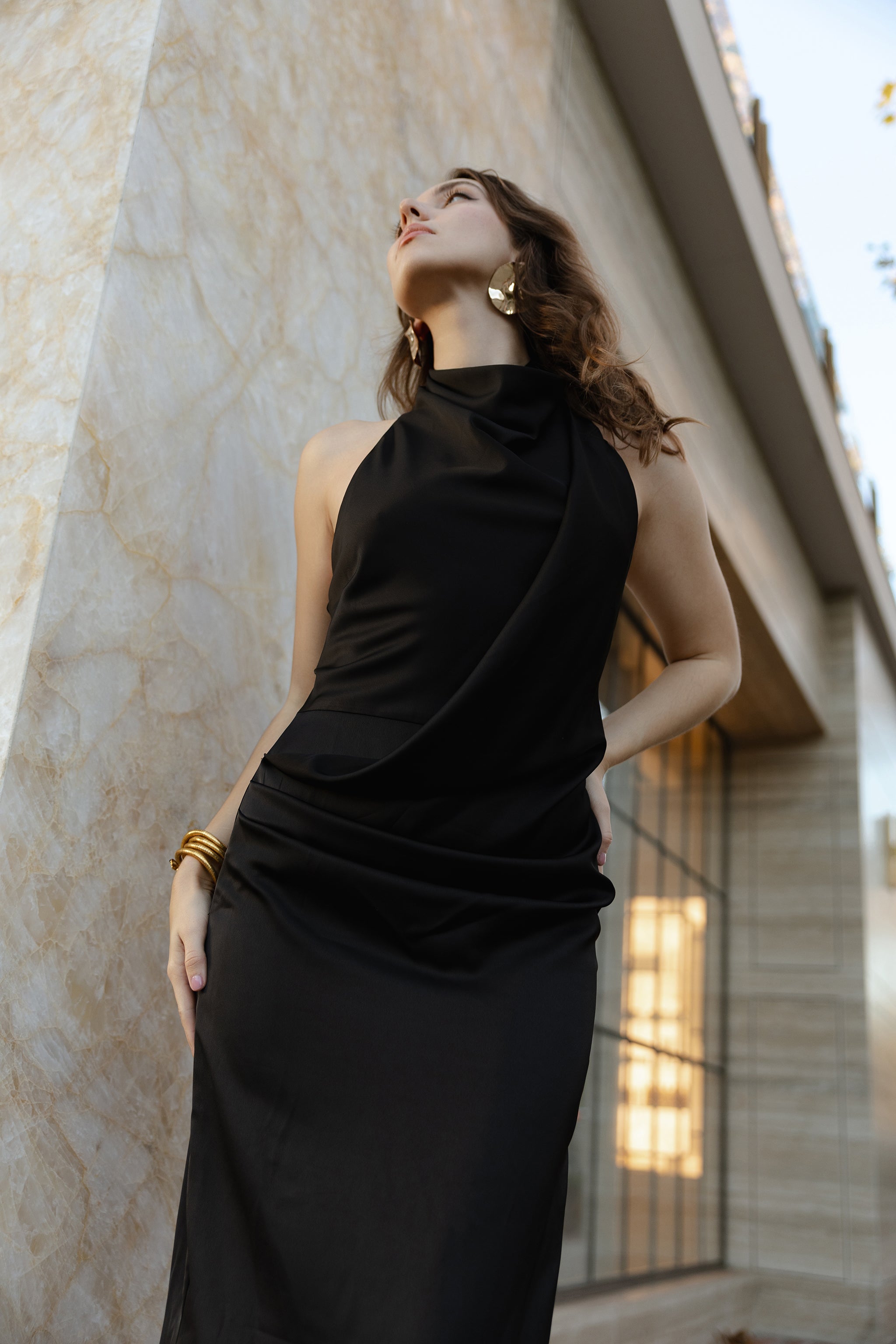 Cora drape halter midi dress