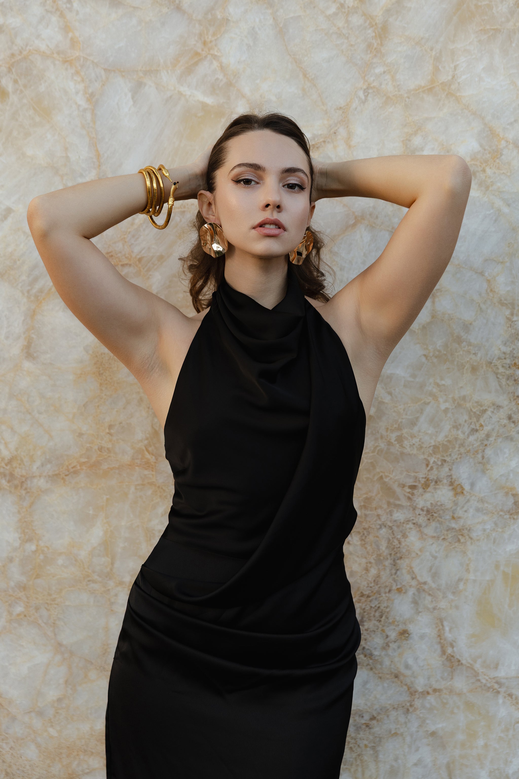 Cora Drape Halter Midi Dress M / Black Cora Drape Halter Midi Dress M / Black