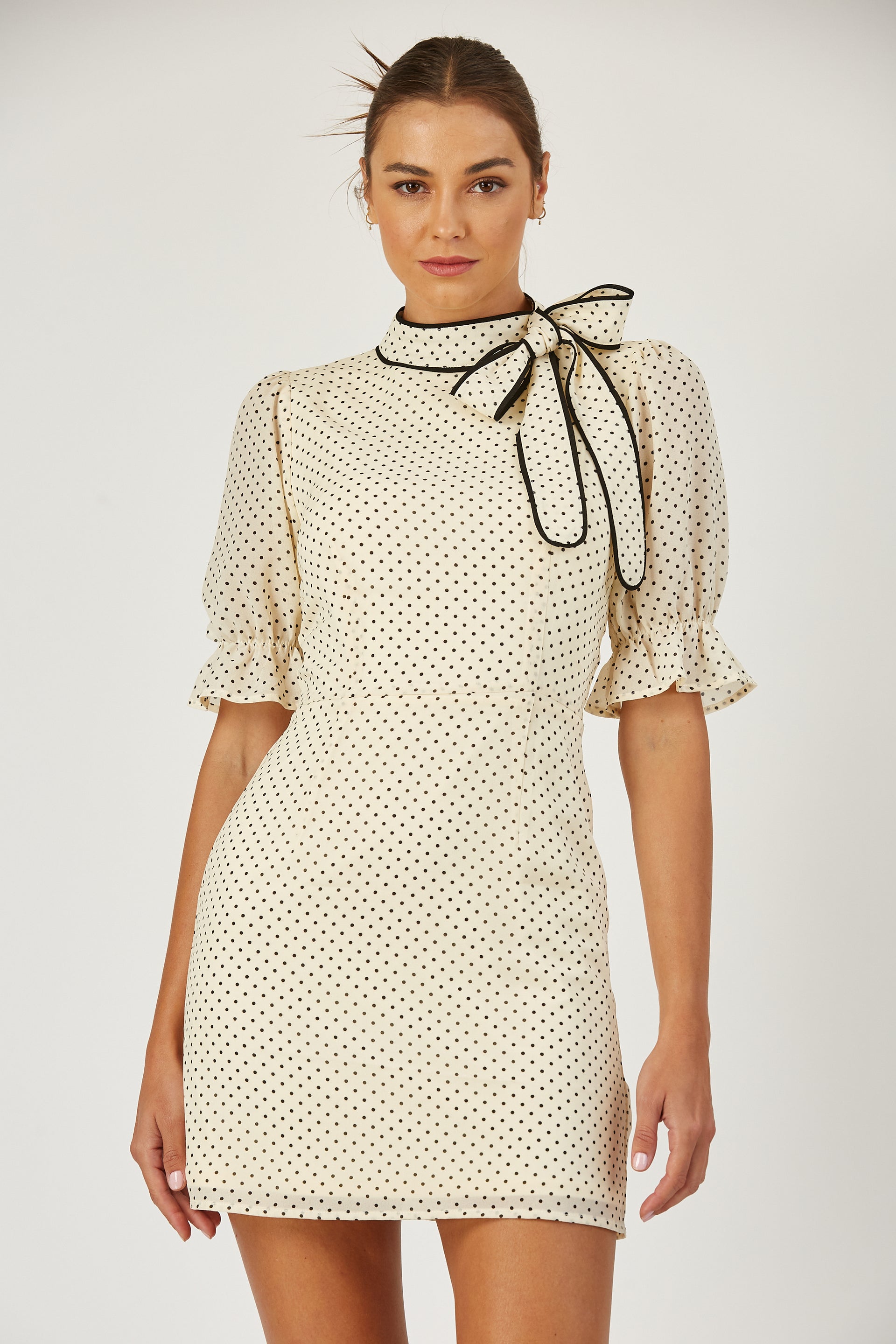 Colette Tie Neck Polka Dot Dress, Black & White Size L Colette Tie Neck Polka Dot Dress, Black & White Size L