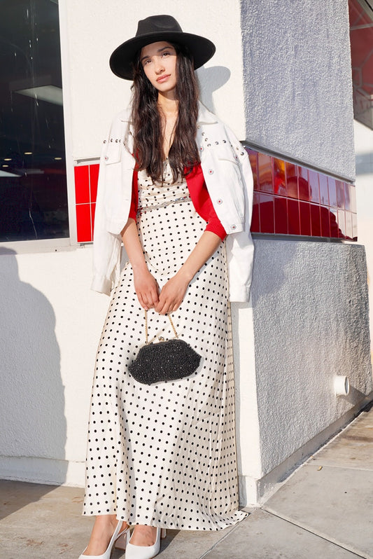 Celine Dot Slip Dress with Lace Trim